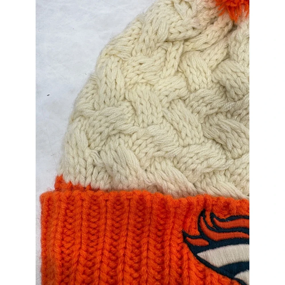 47 Brand Denver Broncos Women's Cable Knit Pom Beanie Hat Cream Orange NFL